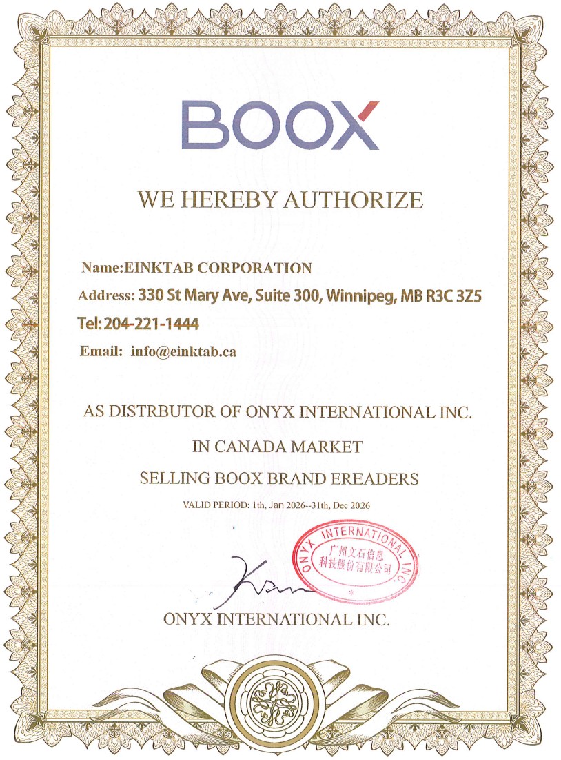 BOOX official distributor in Canada certificate - EINKTAB