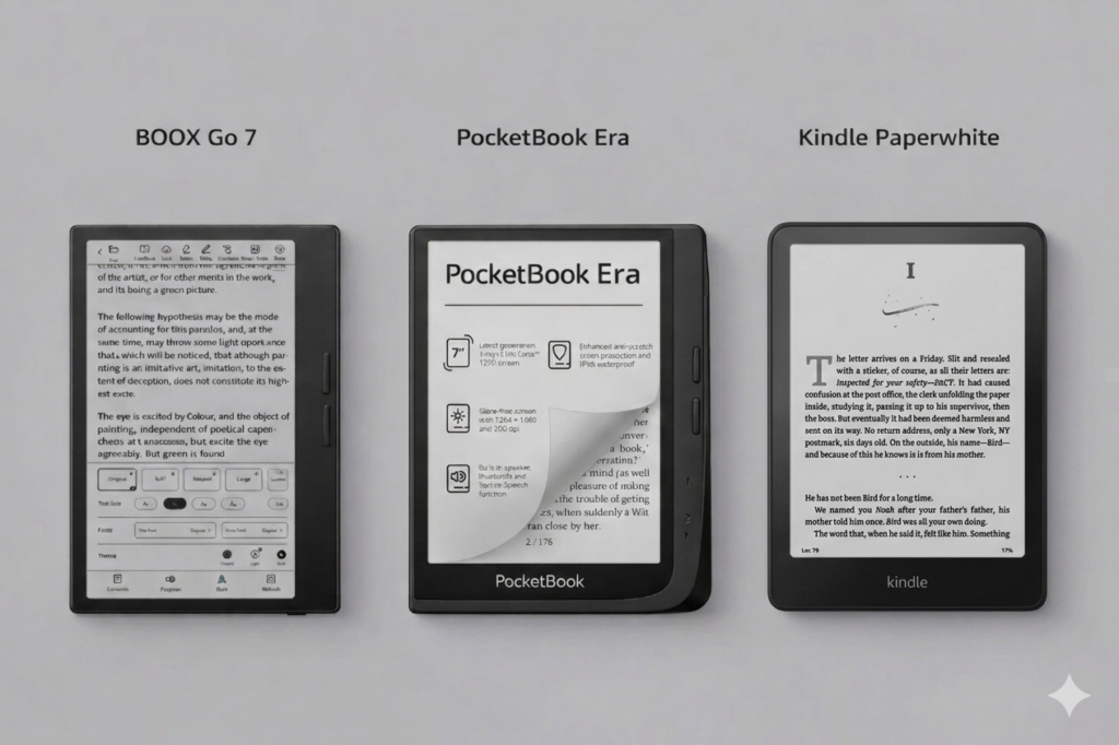 BOOX Go 7 vs PocketBook Era vs Kindle Paperwhite: 7-Inch–Class Monochrome eReader Comparison